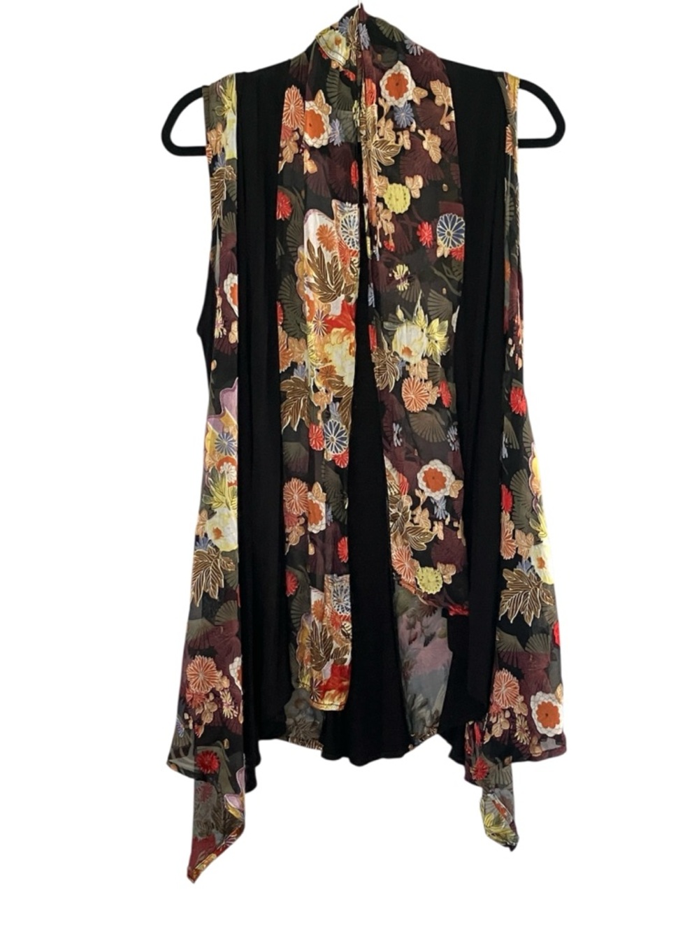 Black Floral Sleeveless Chiffon Overlay Tunic Vest